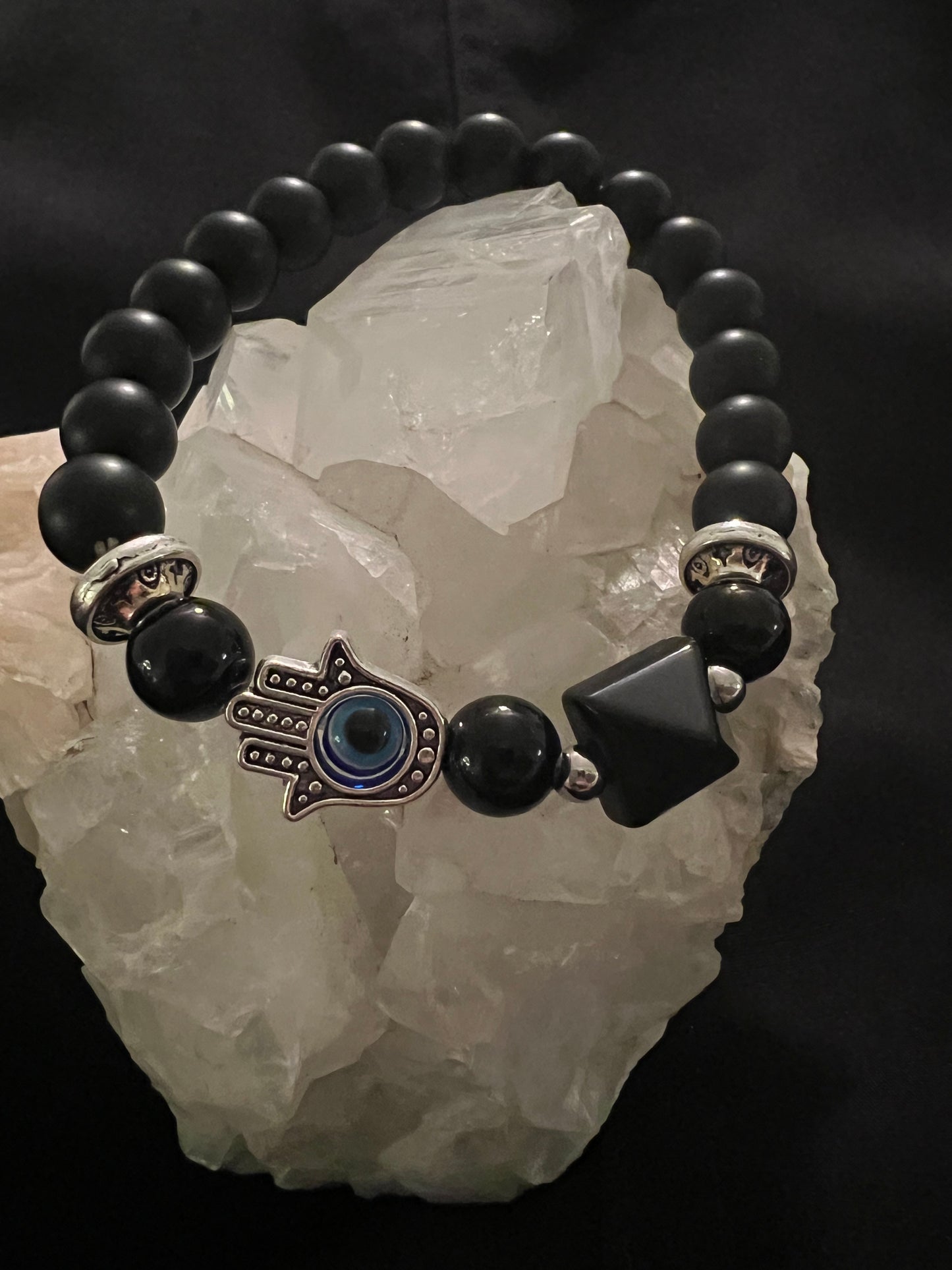 Black Obsidian Specialty Bracelet with Black Obsidian and Hamsa Charm