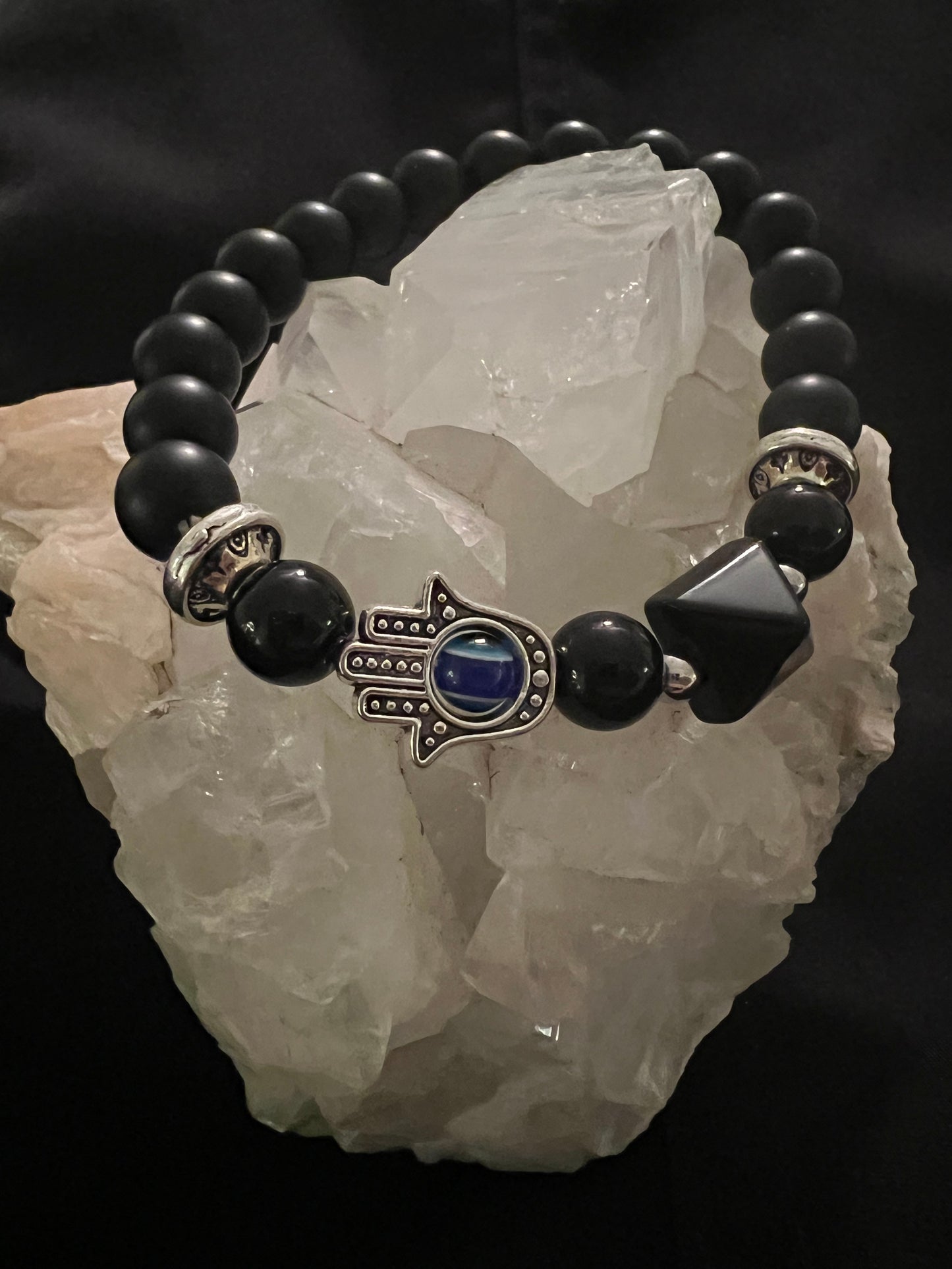 Black Obsidian Specialty Bracelet with Black Obsidian and Hamsa Charm