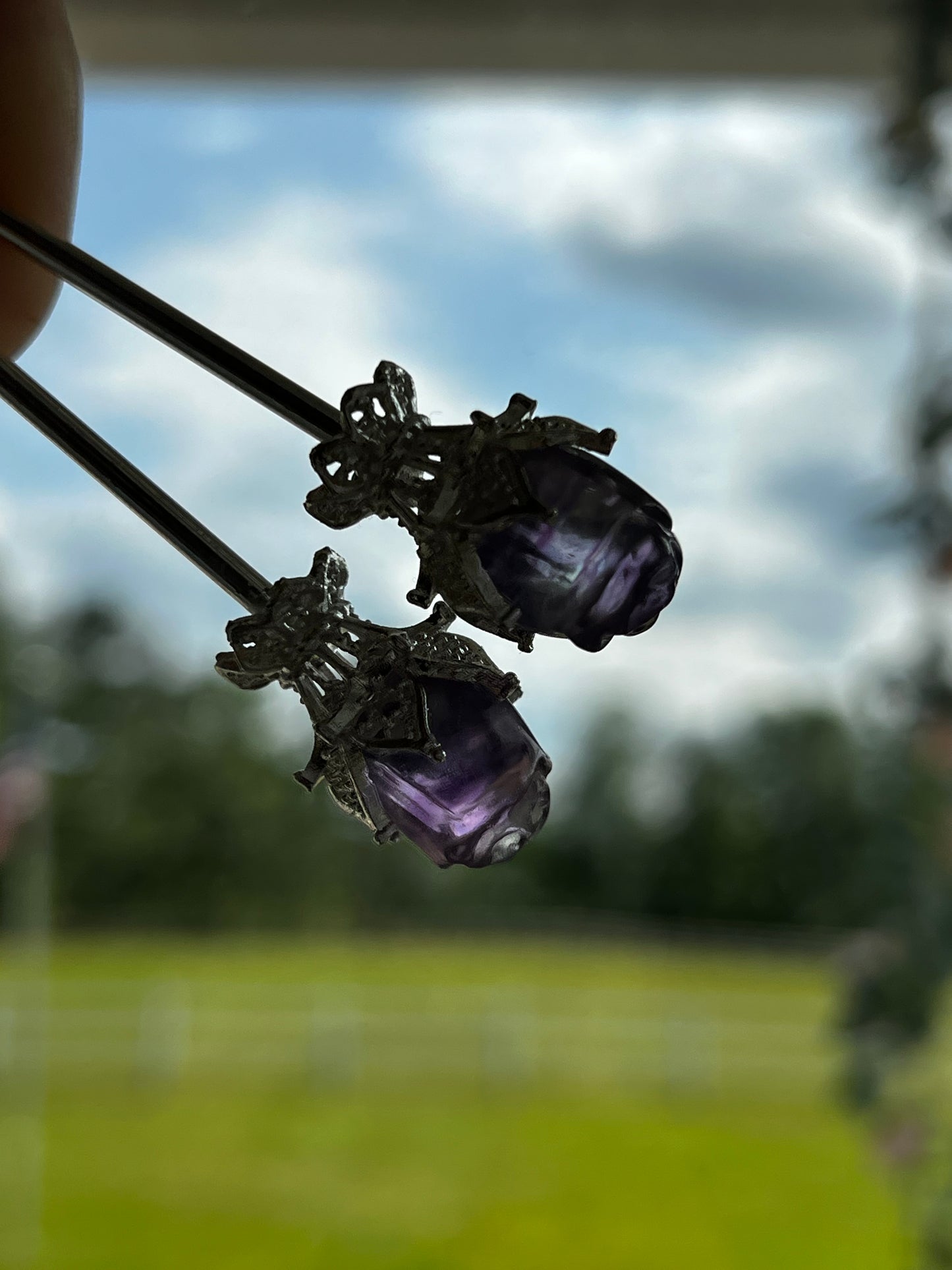 Amethyst Tower Druzy/Amethyst Sphere and Fluorite Set Hair Sticks