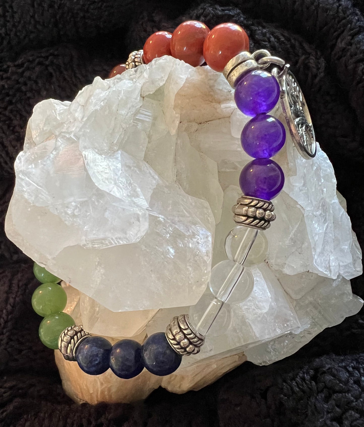 7 Chakra Tree of Life Bracelet 9mm bead and silver charms