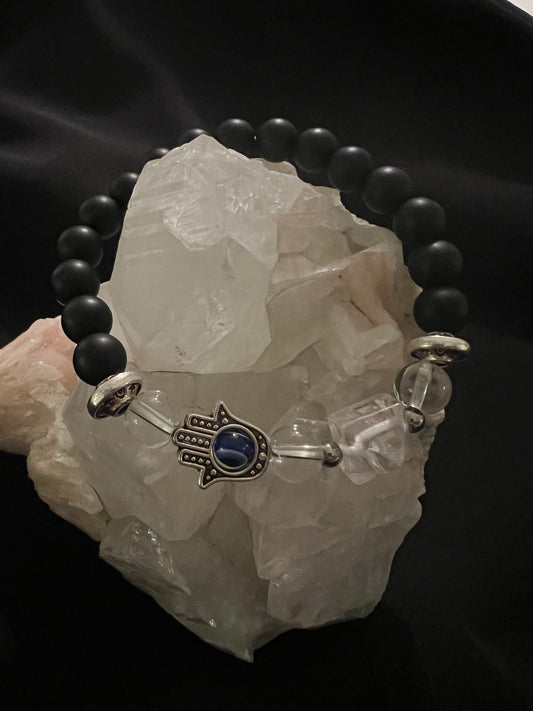 Black Obsidian Specialty Bracelet with Clear Quartz and Hamsa  Charm