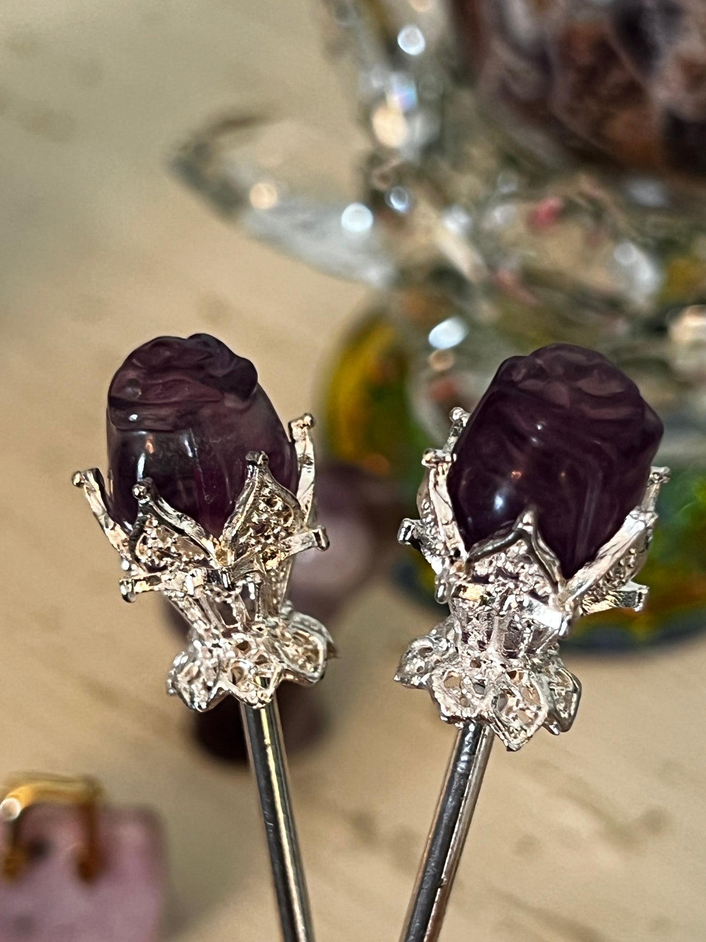 Amethyst Tower Druzy/Amethyst Sphere and Fluorite Set Hair Sticks