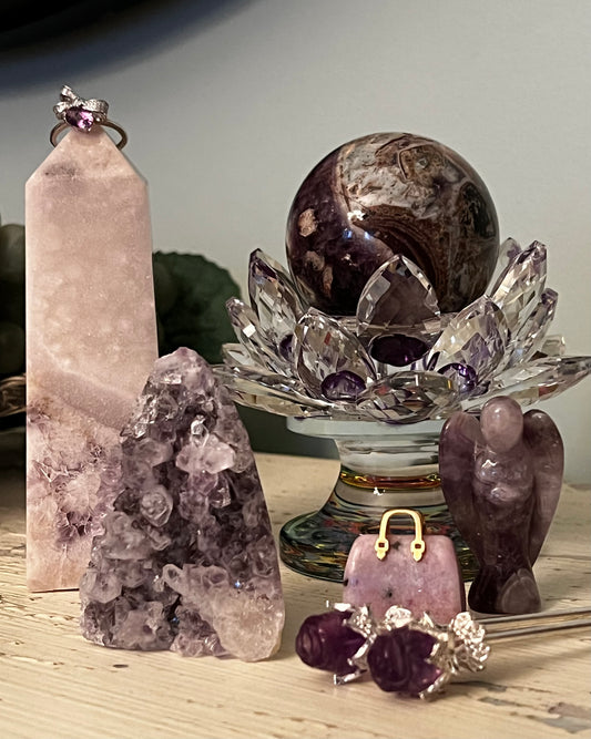 Amethyst Tower Druzy/Amethyst Sphere and Fluorite Set Hair Sticks