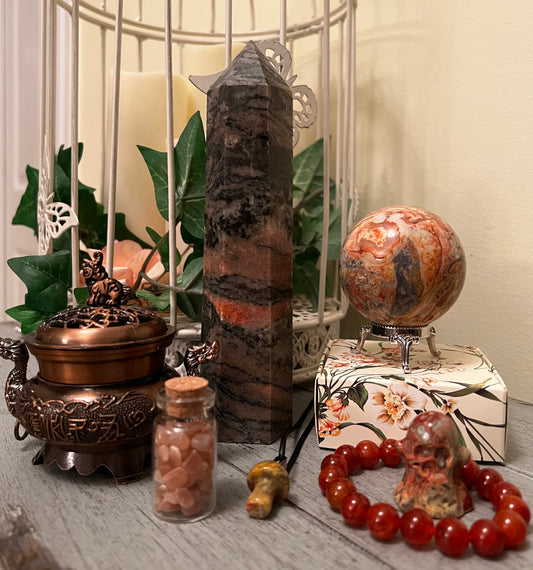 Unakite Tower & Multi-Color Agate Sphere set